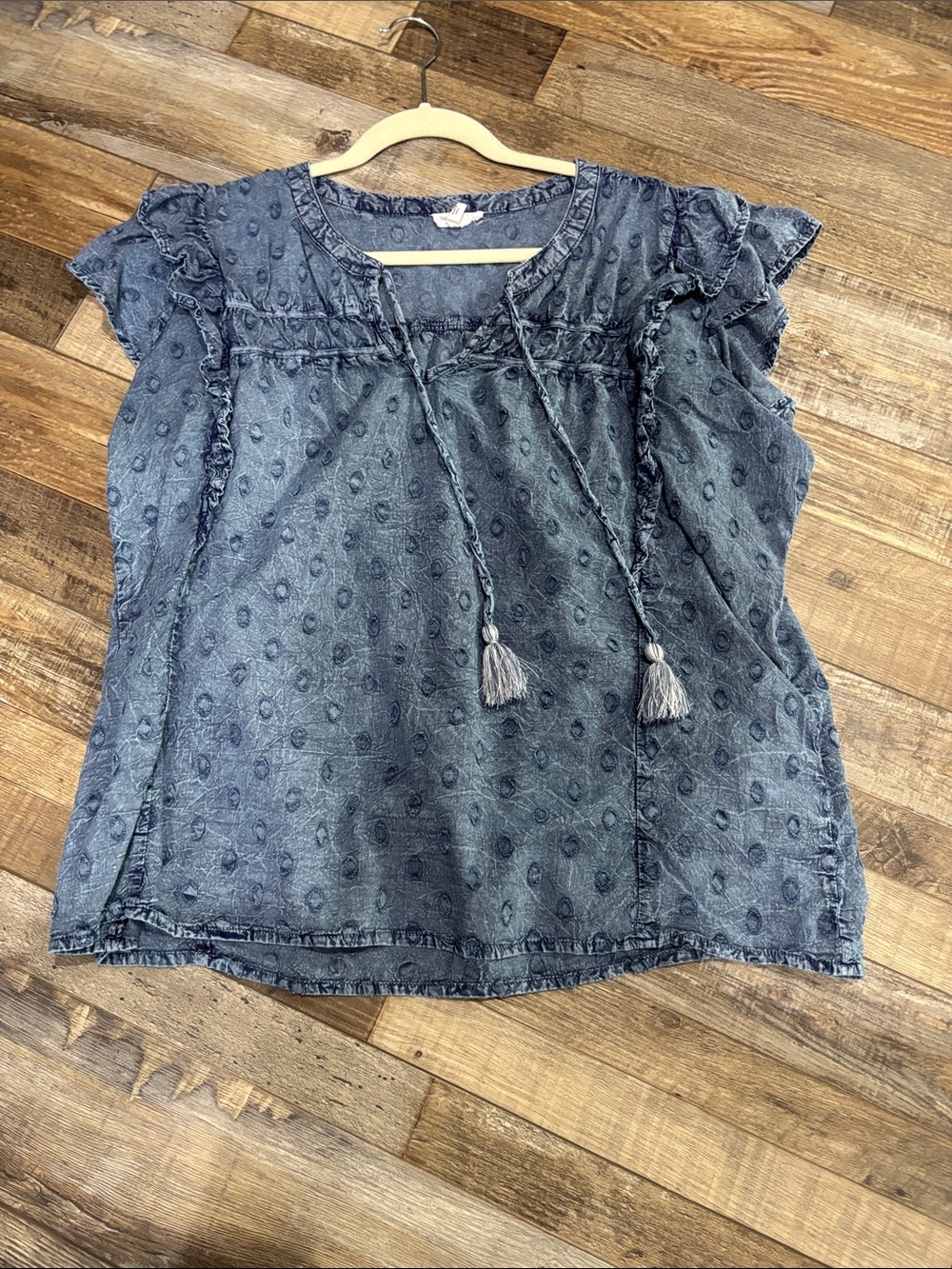Tribal Blue Denim-Style Tassel Peasant Blouse